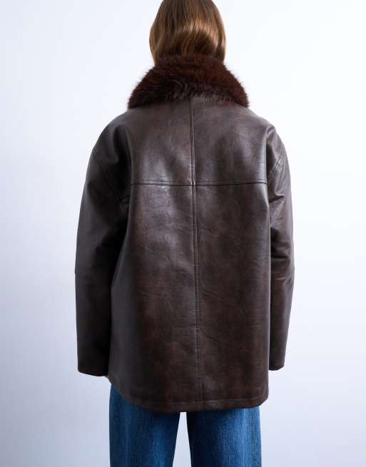 Topshop faux leather with detachable faux fur collar button through padded shacket in washed brown