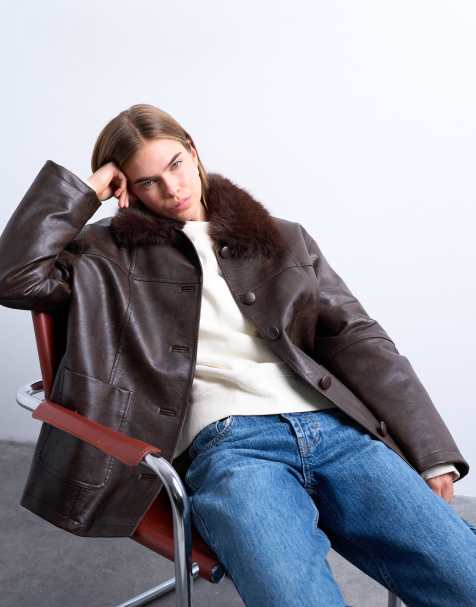 Topshop faux leather with detachable faux fur collar button thru padded shacket in washed brown - view 1