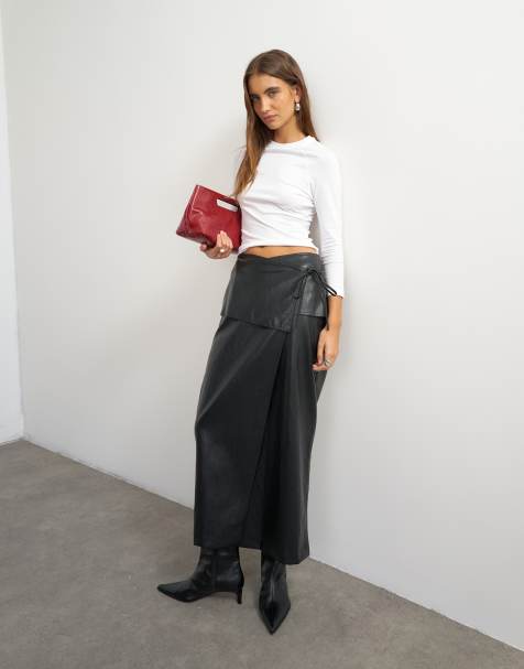 Topshop faux leather wrap tie detail maxi skirt in black - view 1