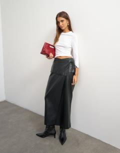 Model wearing Faux leather wrap tie detail maxi skirt in black