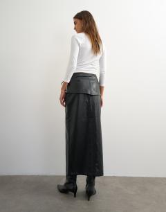 Model wearing Faux leather wrap tie detail maxi skirt in black