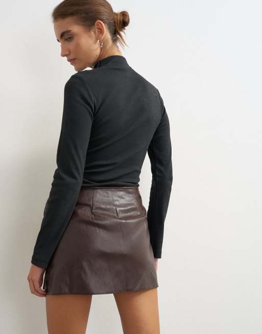 Topshop faux leather wrap tie detail mini skirt in chocolate, 4 of 5