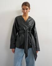 Topshop faux leather wrap tie detail top in black