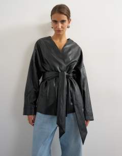 Faux leather wrap tie detail top in black