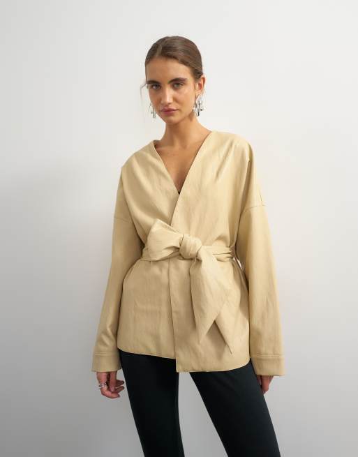 Topshop faux leather wrap tie detail top in buttermilk, 2 of 4