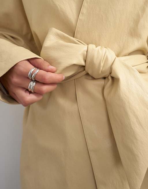 Topshop faux leather wrap tie detail top in buttermilk, 3 of 4