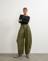 Topshop faux leather yoke detail barrel leg in khaki