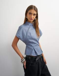 Faux leather zip detail batwing top in soft blue