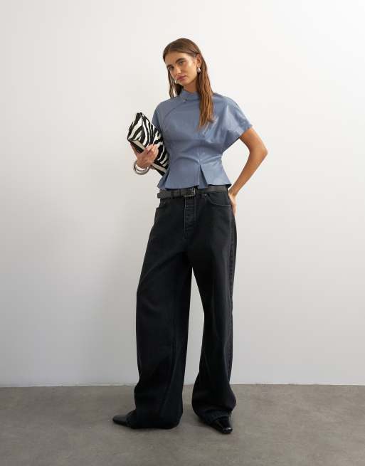 Topshop faux leather zip detail batwing top in soft blue, 2 of 4