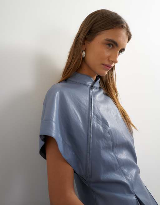 Topshop faux leather zip detail batwing top in soft blue, 3 of 4