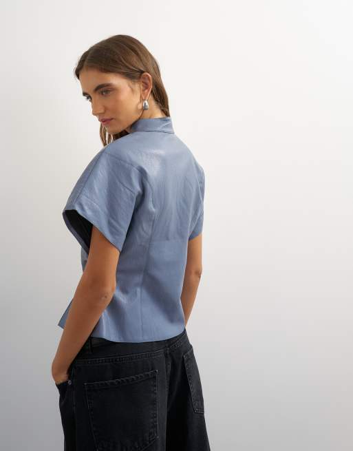 Topshop faux leather zip detail batwing top in soft blue, 4 of 4