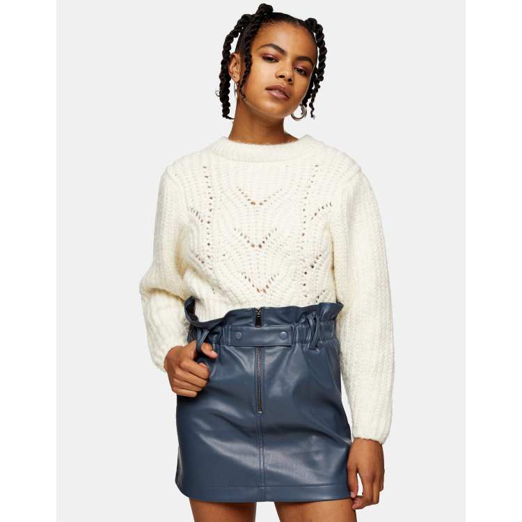 Topshop faux leather zip detail paperbag mini skirt in blue ASOS