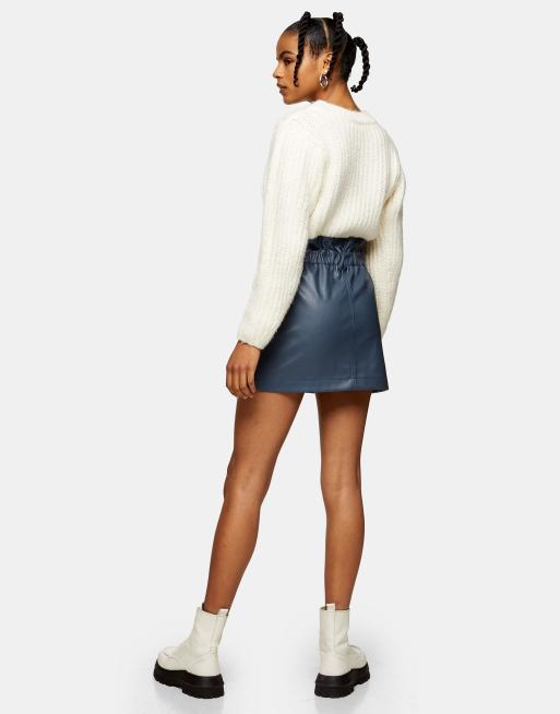 Topshop faux leather zip detail paperbag mini skirt in blue ASOS