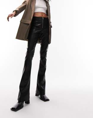 Topshop Topshop faux leather zip front skinny flare with split hem in black
