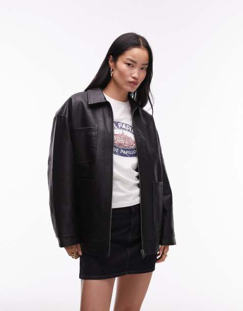 Topshop faux leather zip through 80s jacket with patch pockets in black - view 1