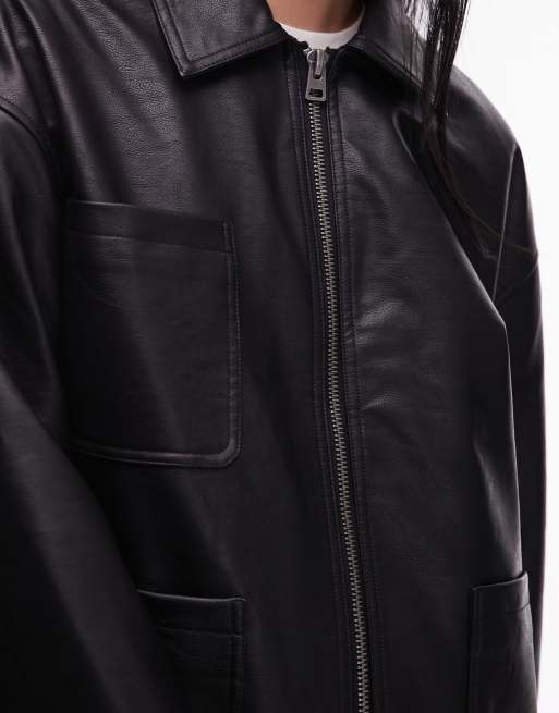 Topshop faux leather zip through 80s jacket with patch pockets in