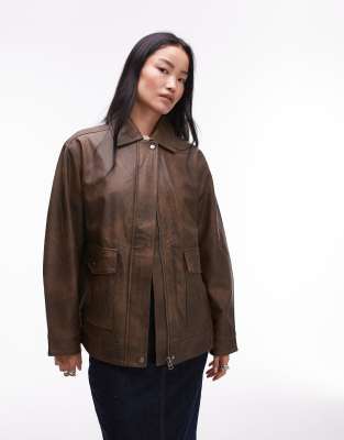 Topshop Faux Leather Zip Through 90s Jacket With Patch Pockets In Washed Brown