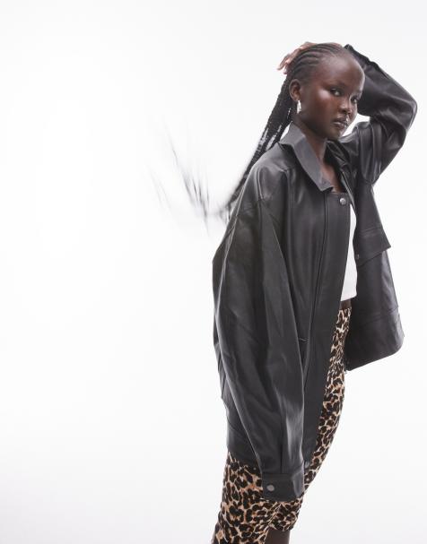 Topshop faux leather zip through 90s jacket with pockets in black - view 1