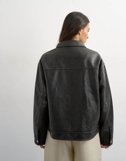 Topshop faux leather zip through jacket with patch pockets in washed black, 4 of 4