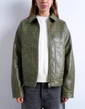 Topshop faux leather zip through jacket with patch pockets in washed green
