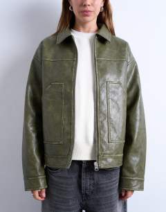 Faux leather zip through jacket with patch pockets in washed green
