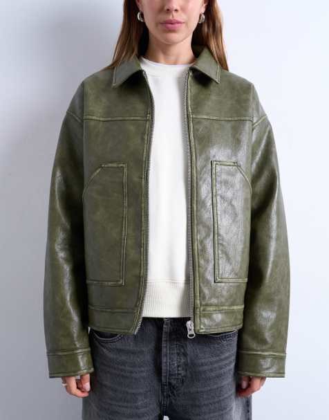 Topshop faux leather zip through jacket with patch pockets in washed green