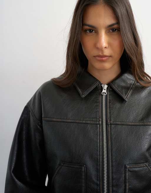 Topshop faux leather zip up jacket with patch pockets in washed black, 3 of 4