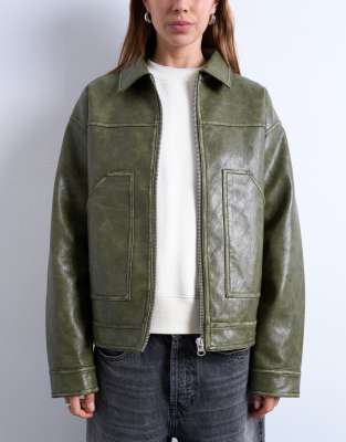 Topshop faux leather zip up jacket with patch pockets in washed green