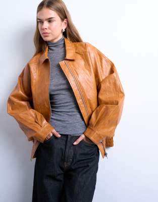 Topshop Faux Leather Zip Up Seam Detailing Jacket In Brown