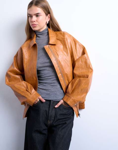 Topshop faux leather zip up seam detailing jacket in tan - view 1