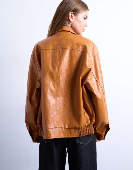 Topshop faux leather zip up seam detailing jacket in tan, 4 of 4