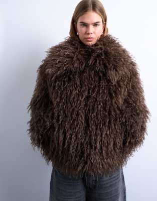 Topshop Faux Mongolian Fur Bomber Coat In Brown
