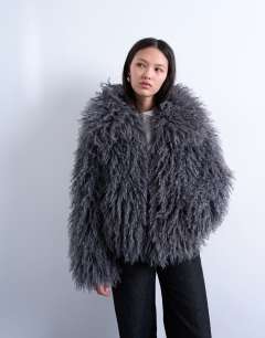 Faux mongolian fur bomber coat in grey