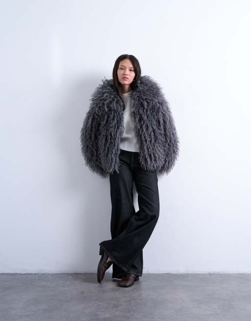 Topshop faux mongolian fur bomber coat in grey, 2 of 4