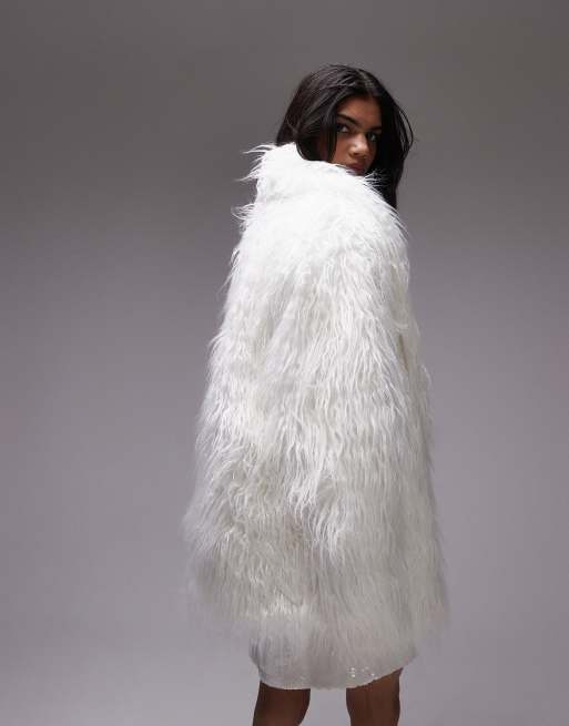 Topshop faux mongolian fur long coat in white