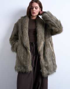 Faux mono stripe shawl mid length coat in black