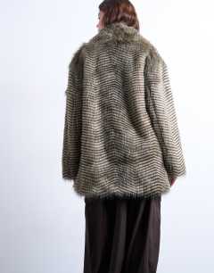 Model wearing Faux mono stripe shawl mid length coat in black