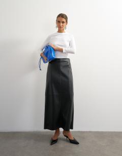 Model wearing Faux ostrich leather topstitch column maxi skirt in black