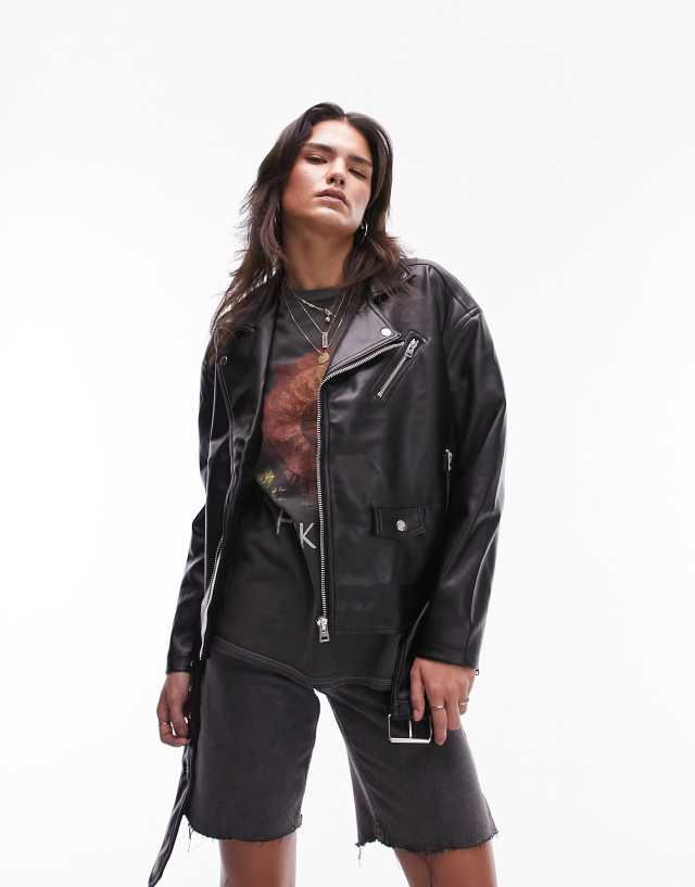 Topshop faux over sized moto jacket in black