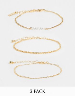 Topshop faux pearl and chain 3 x multipack bracelets in gold