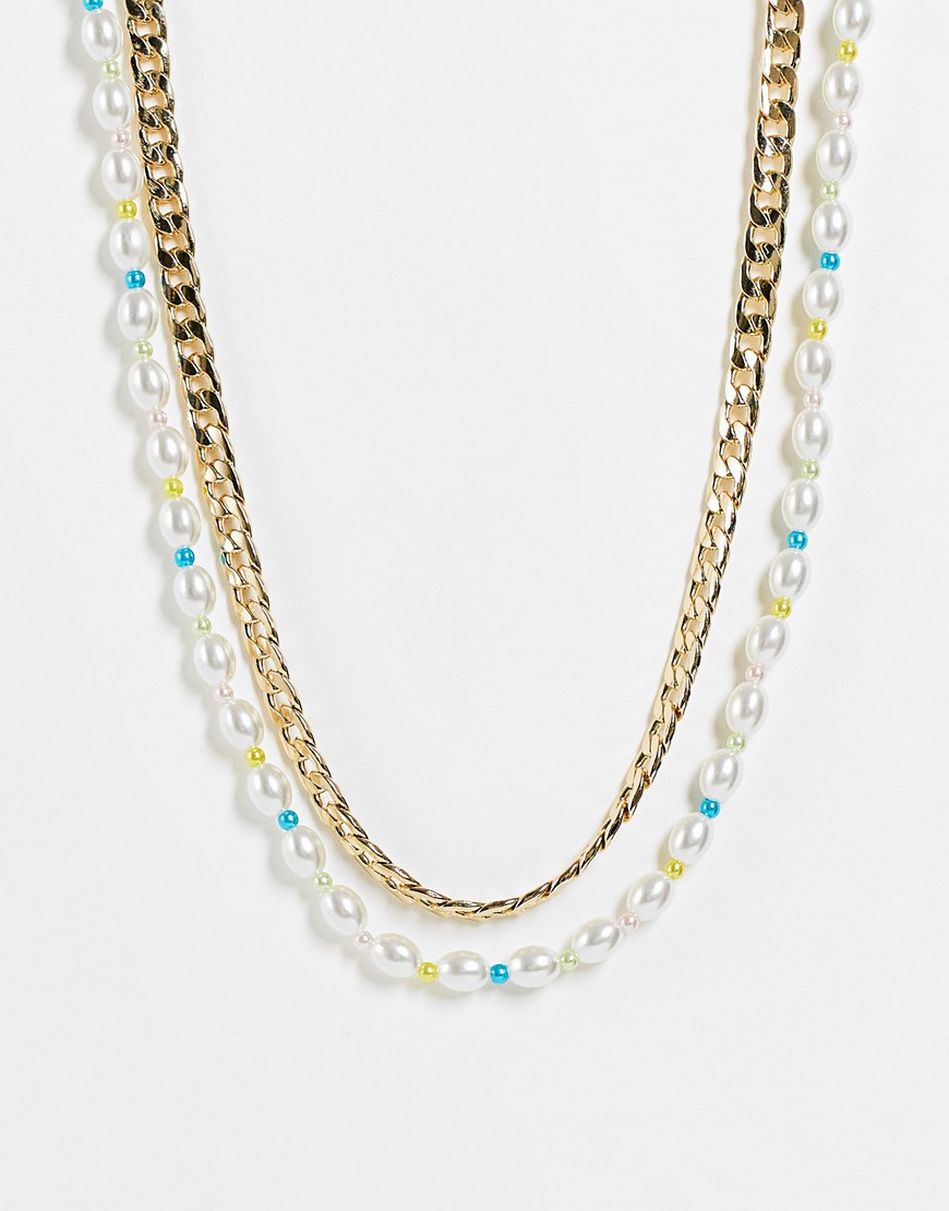 Topshop faux-pearl and pastel bead multirow necklace in gold