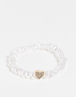 Topshop faux  pearl chippping with pave heart pendant bracelet in white
