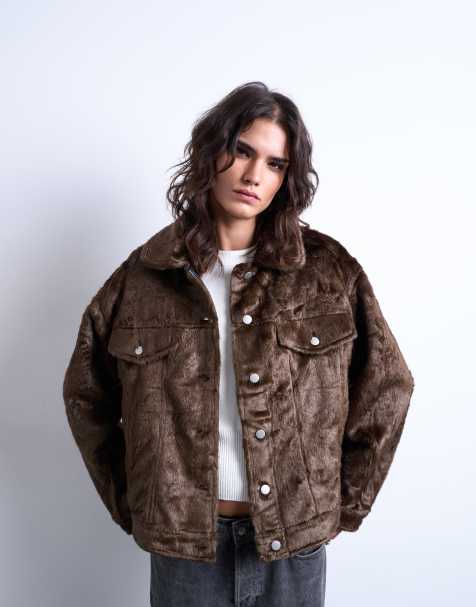 Topshop faux pony fur western trucker jacket in brown - view 1