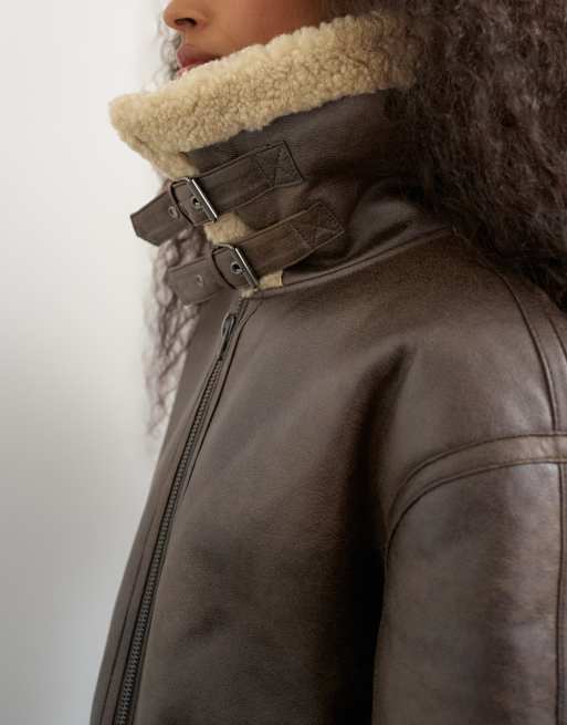 Topshop faux shearling aviator in brown, 2 of 4