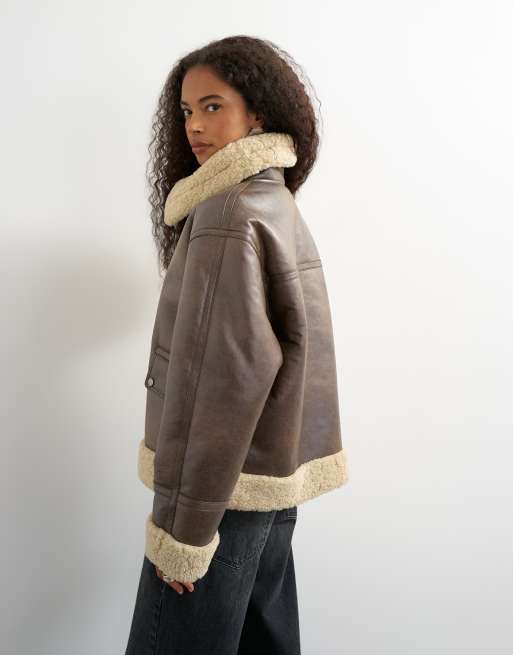 Topshop faux shearling aviator in brown, 3 of 4