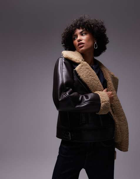 Topshop faux shearling aviator jacket in brown and stone - view 1