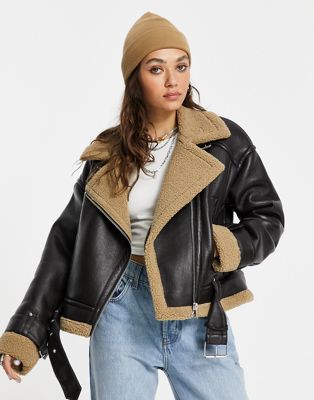 Topshop faux shearling aviator jacket with borg lining in brown