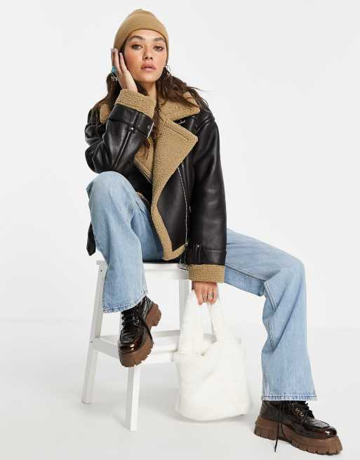 TOPSHOP Faux Shearling Aviator Jacket With Borg Lining in Brown