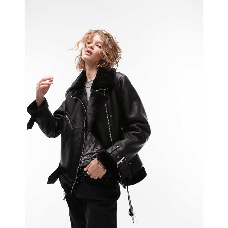 Topshop faux shearling oversized car jacket in black, ASOS