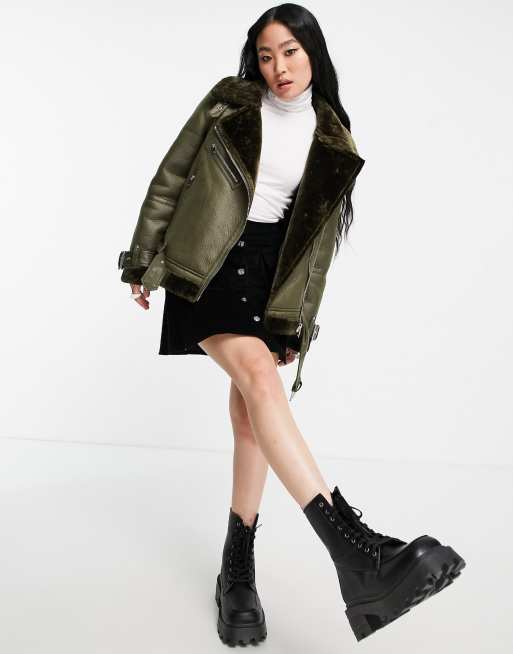 Topshop Faux Shearling Aviator Jacket With Faux Fur Lining In